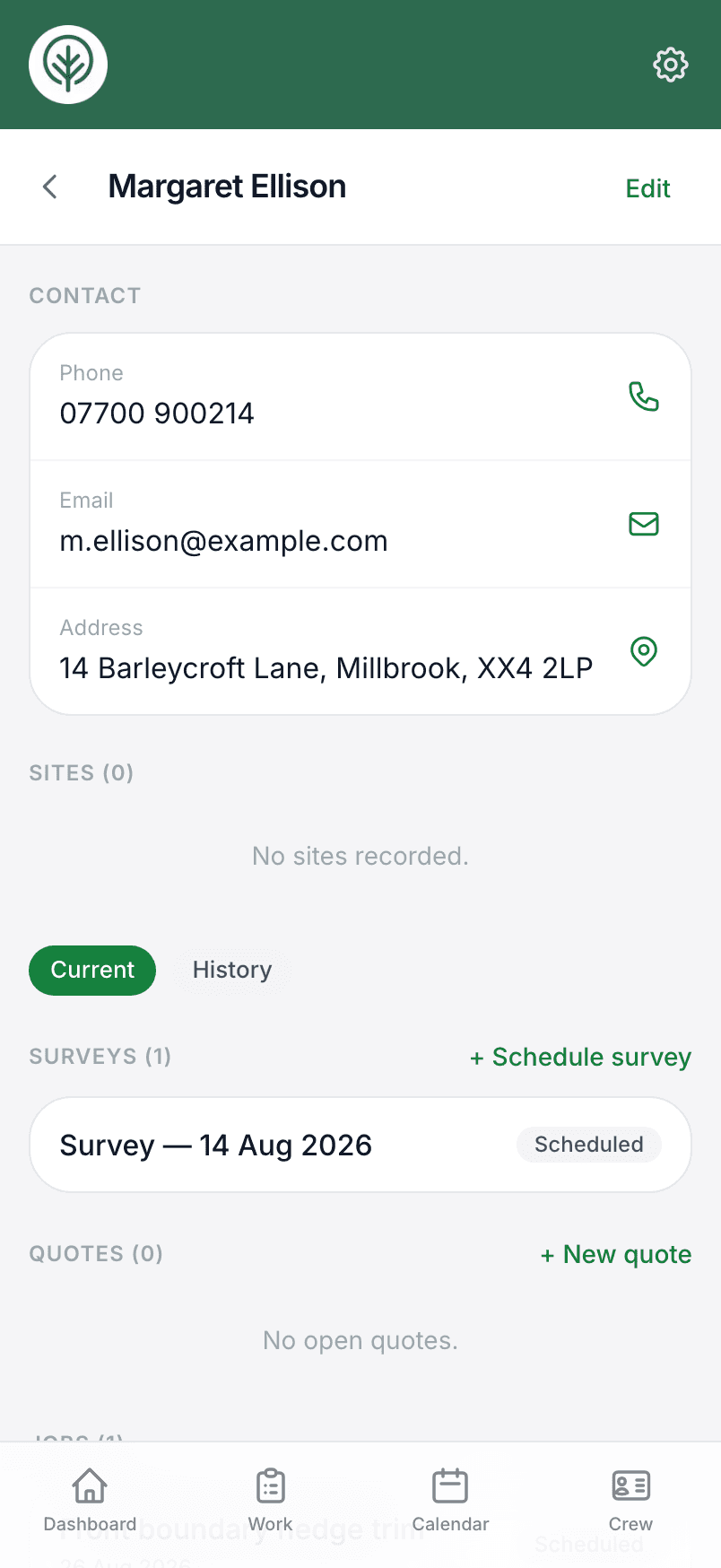 A customer record in Treetask with contact details and sites