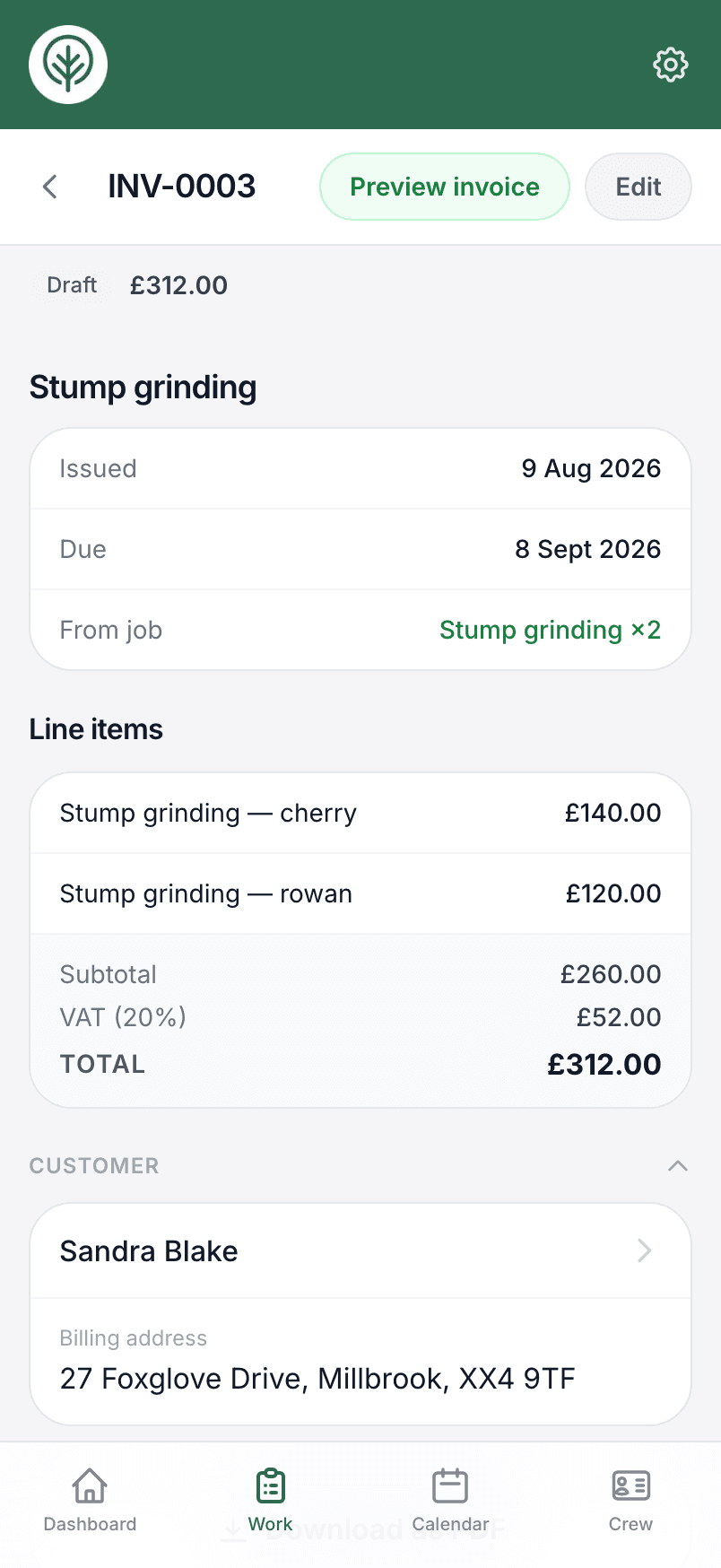 An invoice in Treetask