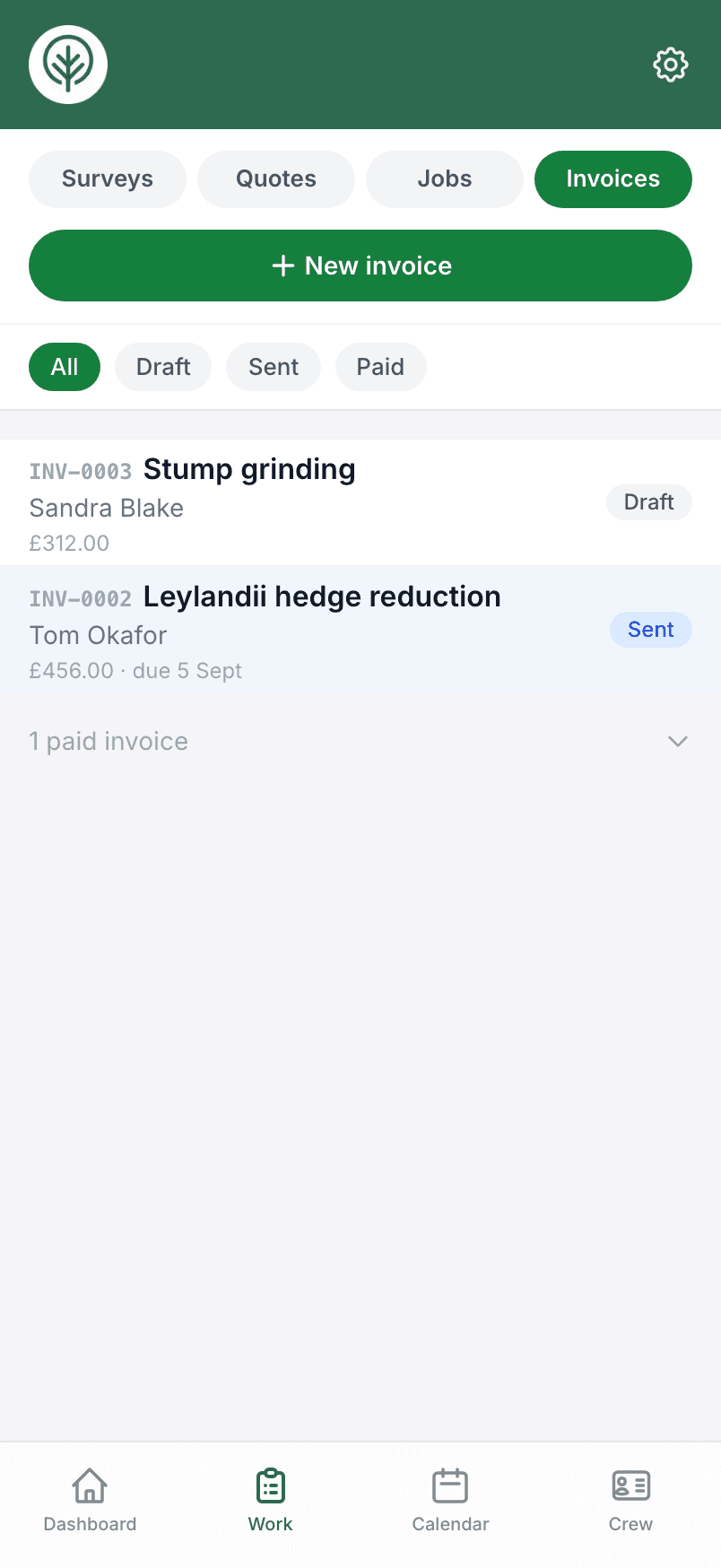 The Treetask invoices list showing draft, sent and paid statuses