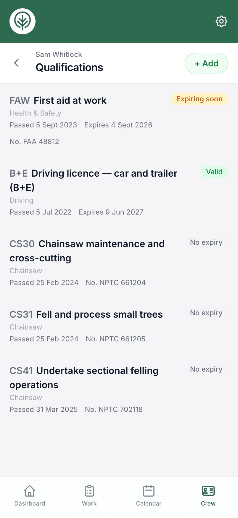 A crew member's qualifications in Treetask, with expiry status